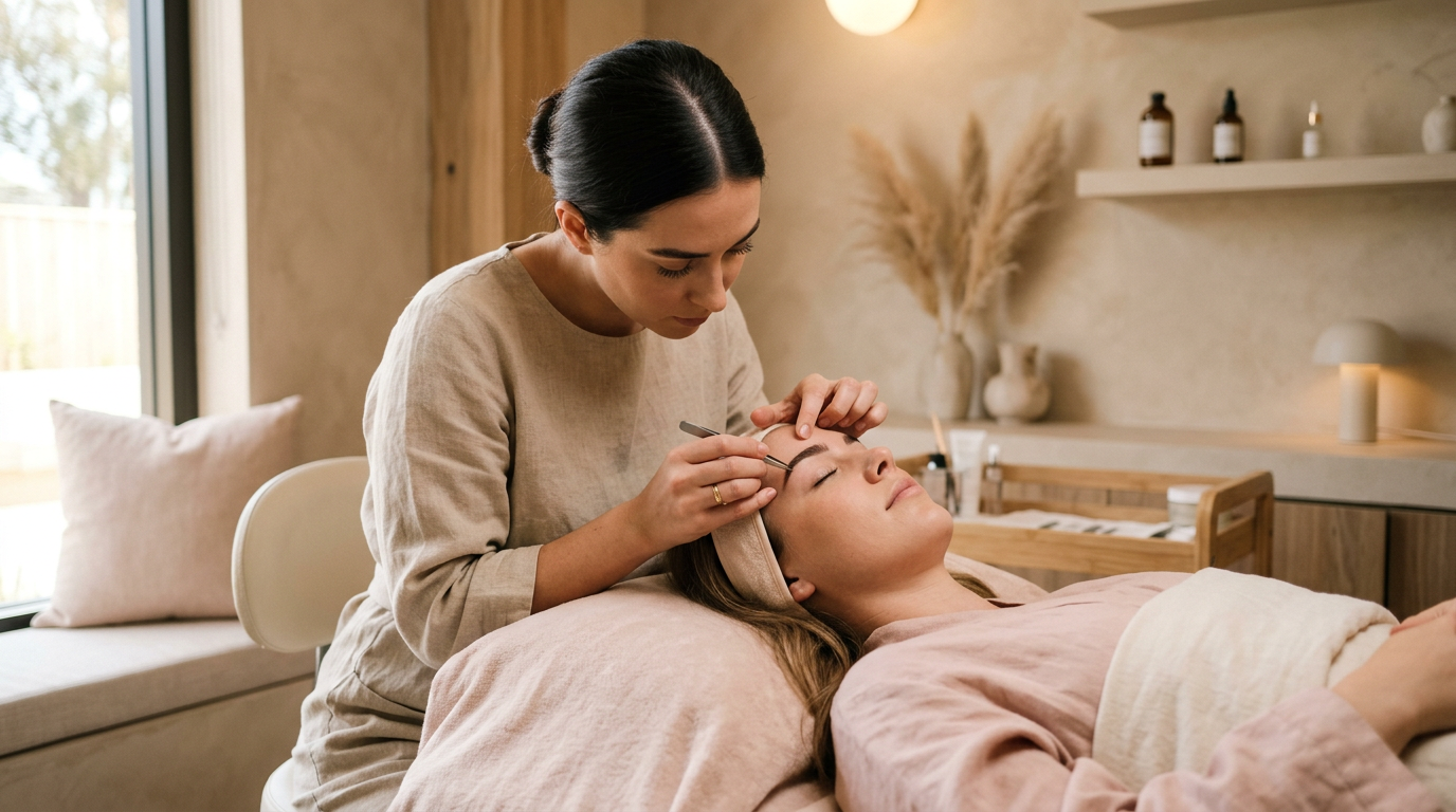 Brow specialist with a guest during a brow service