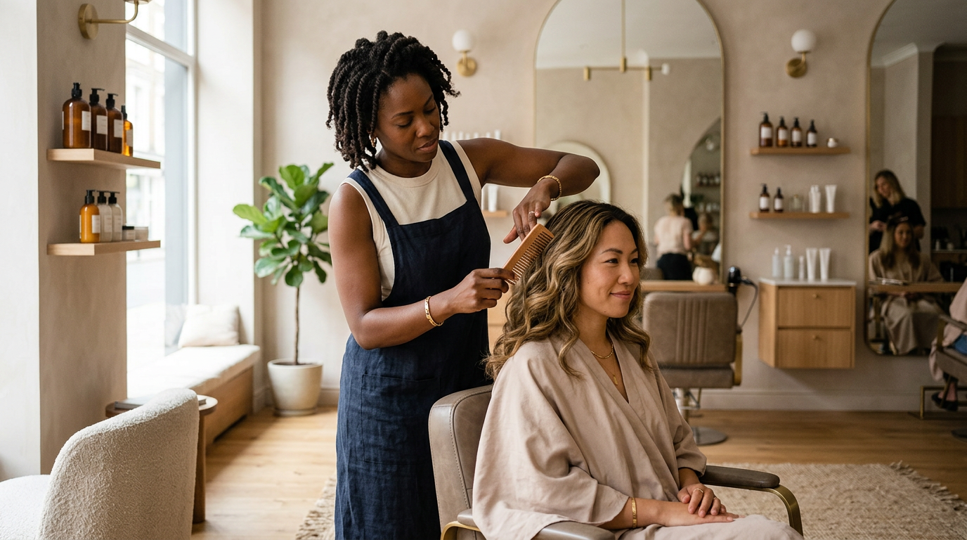 Stylist caring for a guest's hair at Amore Beauty Salon
